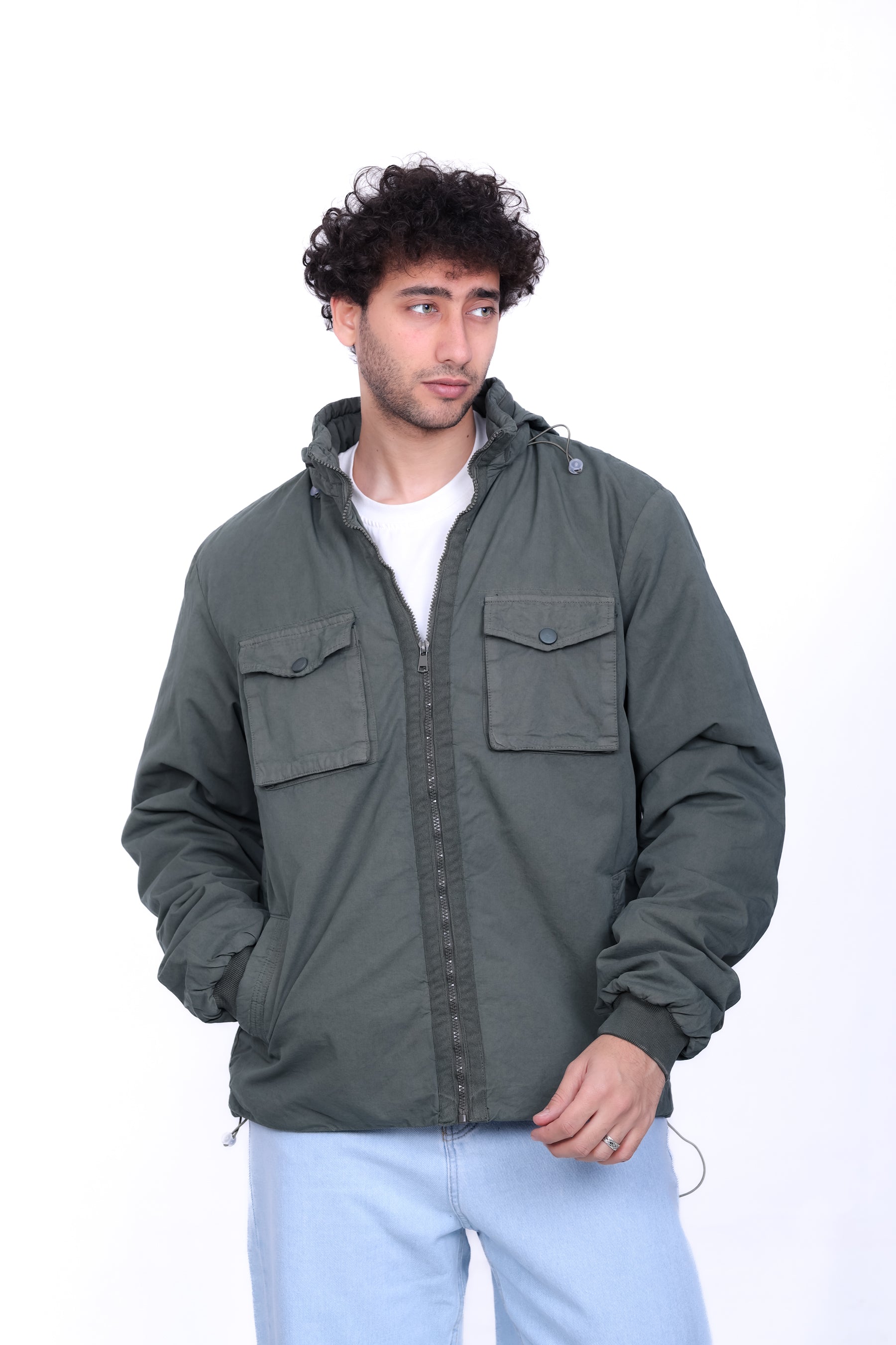 Gabardine Bomber Hoded Two Pocket Jacket 6004