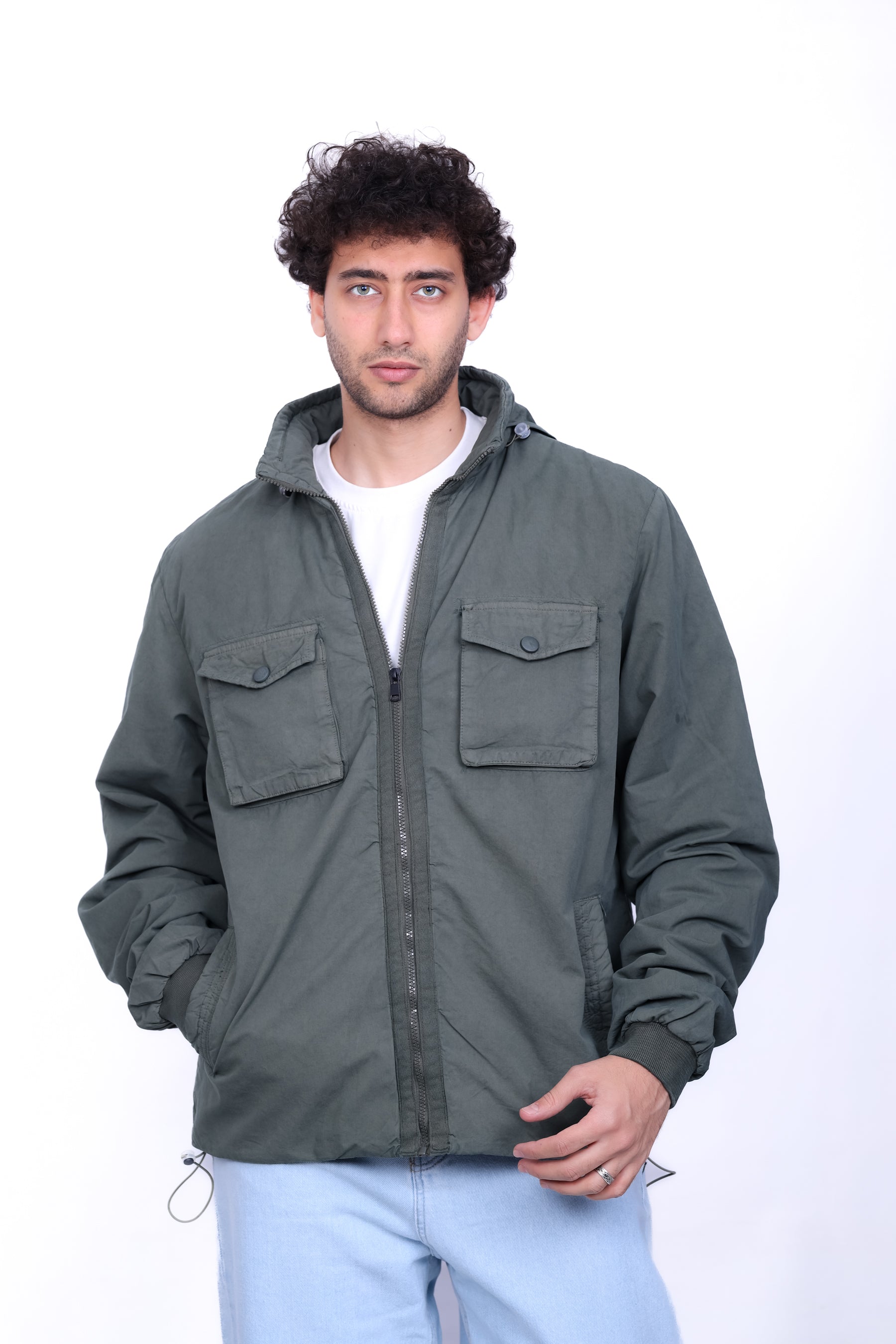 Gabardine Bomber Hoded Two Pocket Jacket 6004