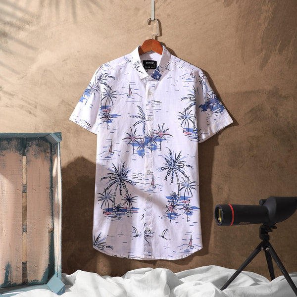 قميص مطبوع صيفي اكمام قصير تلبيس متناسب مع الجسم - أزرق