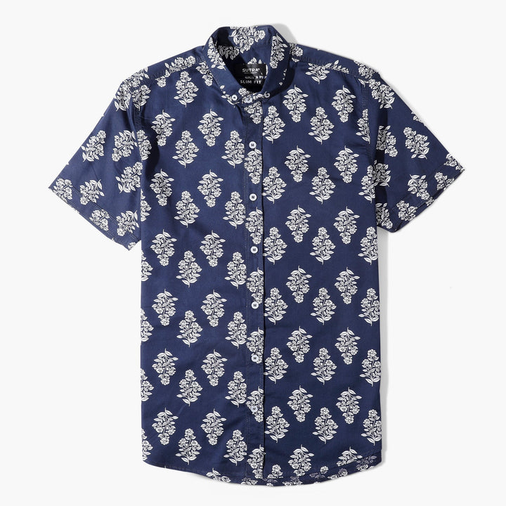 Short Sleeves Flower Shirt Indigo