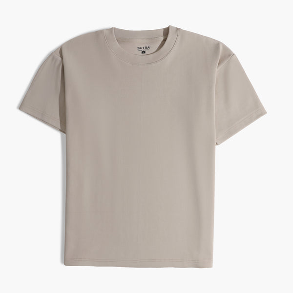 Basic Slim Fit Round T_Shirt-Beige