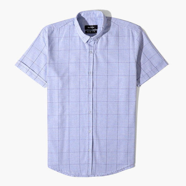 قميص سترة مربعات اكمام قصيرة تلبيس متناسب مع الجسم - ازرق فاتح 