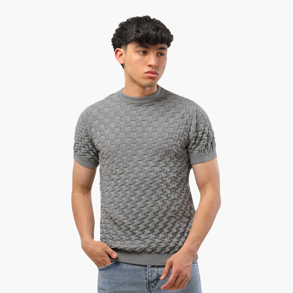 Patterned Round T_Shirt Knitwear Sampoxa-Gray