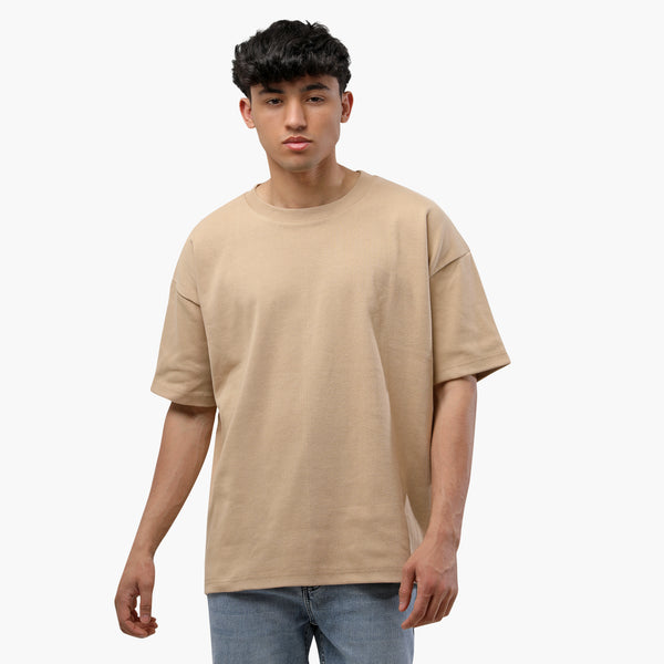 Over Size Polivar Cotton Basic T_Shirt-Beige