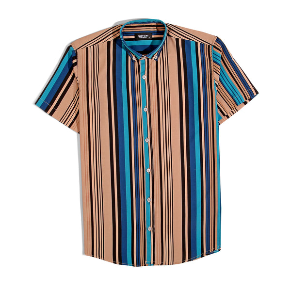 Short Sleeves Stripped FZ Shirt Turquoise