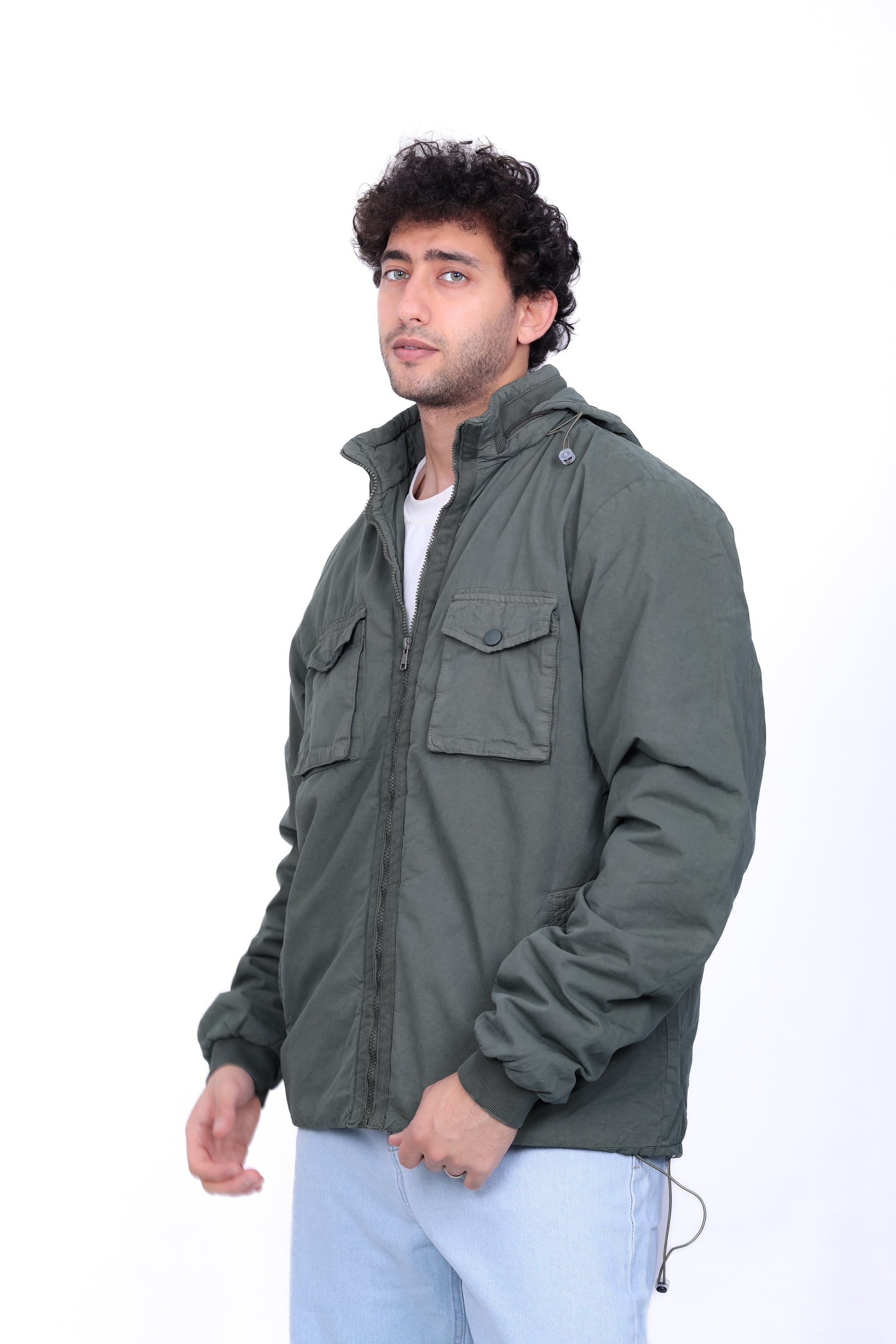 Gabardine Bomber Hoded Two Pocket Jacket 6004