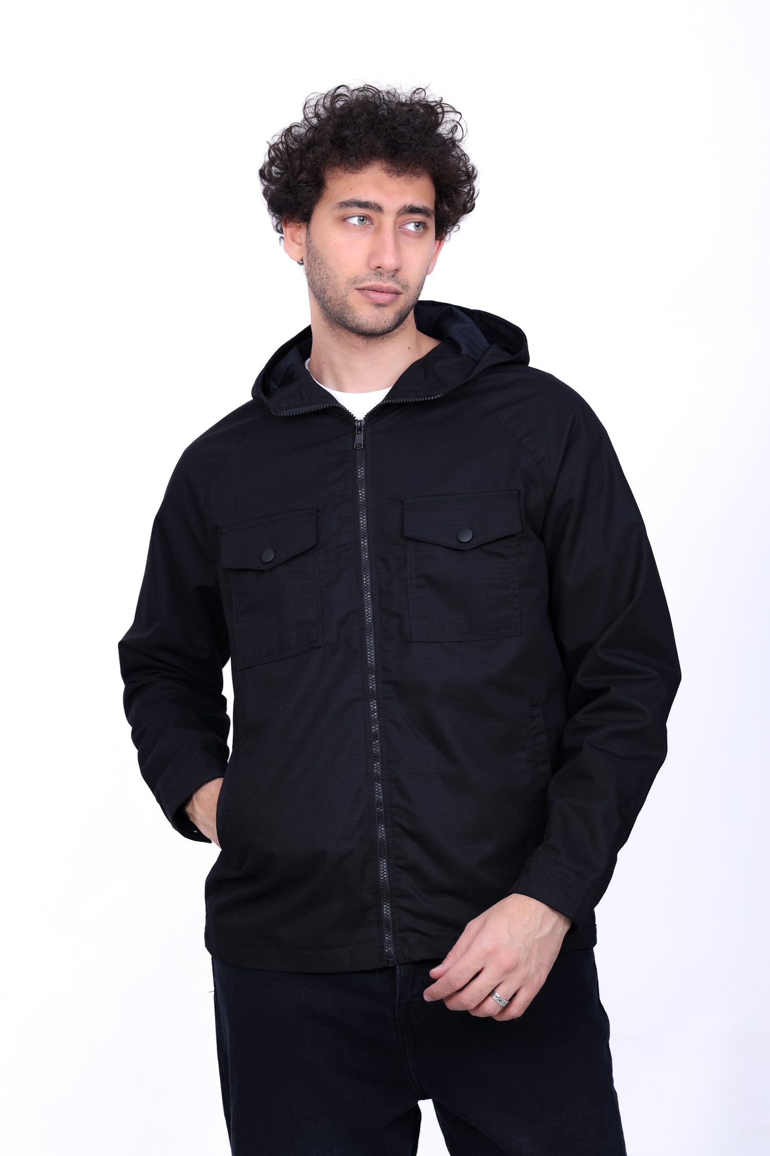 Gabardine Bomber Hoded Two Pocket Jacket 6004