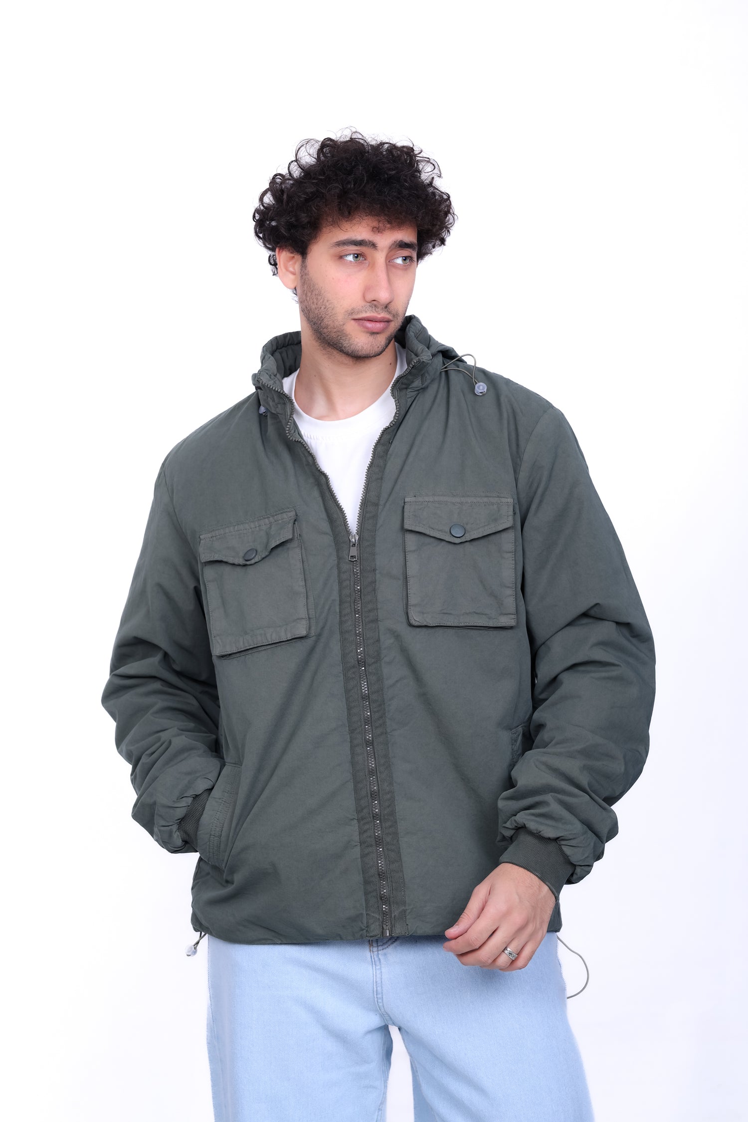 Gabardine Bomber Hoded Two Pocket Jacket 6004