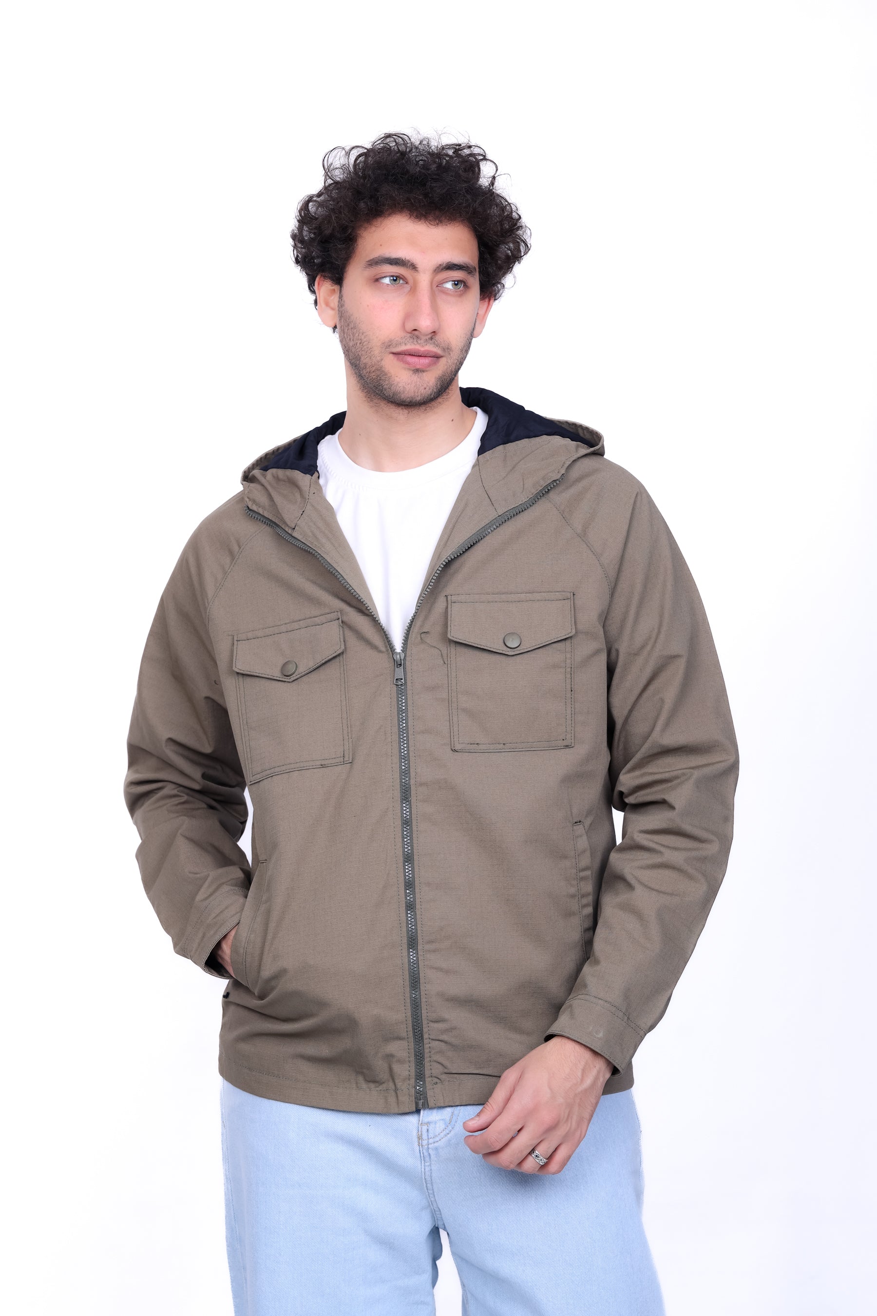 Gabardine Bomber Hoded Two Pocket Jacket 6010