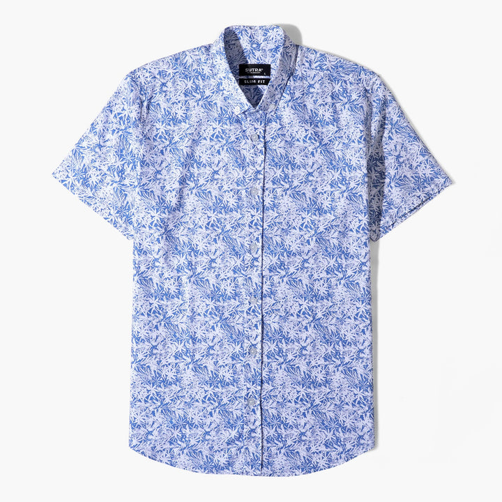 Short Sleeves Flower Shirt Blue