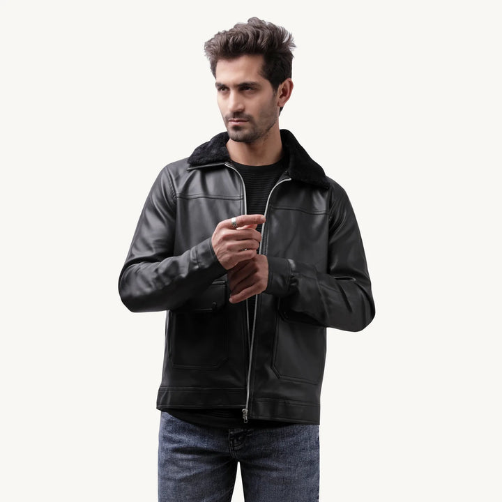 Leather Fur Jacket-23-Black
